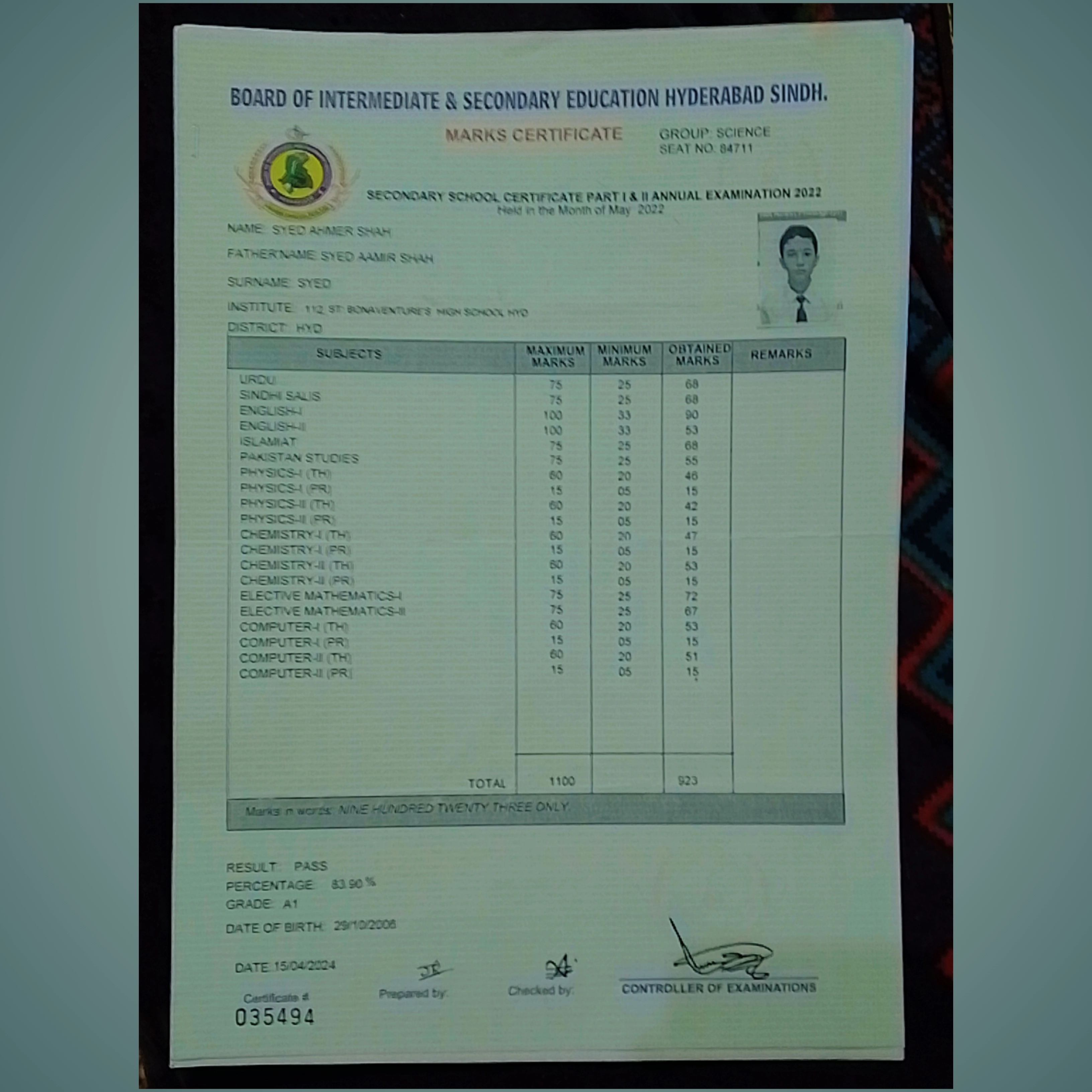 Marksheet Image
